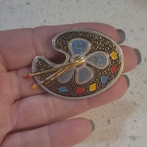 Beautiful Vintage  Spain Paint Palette Brooch Damascene